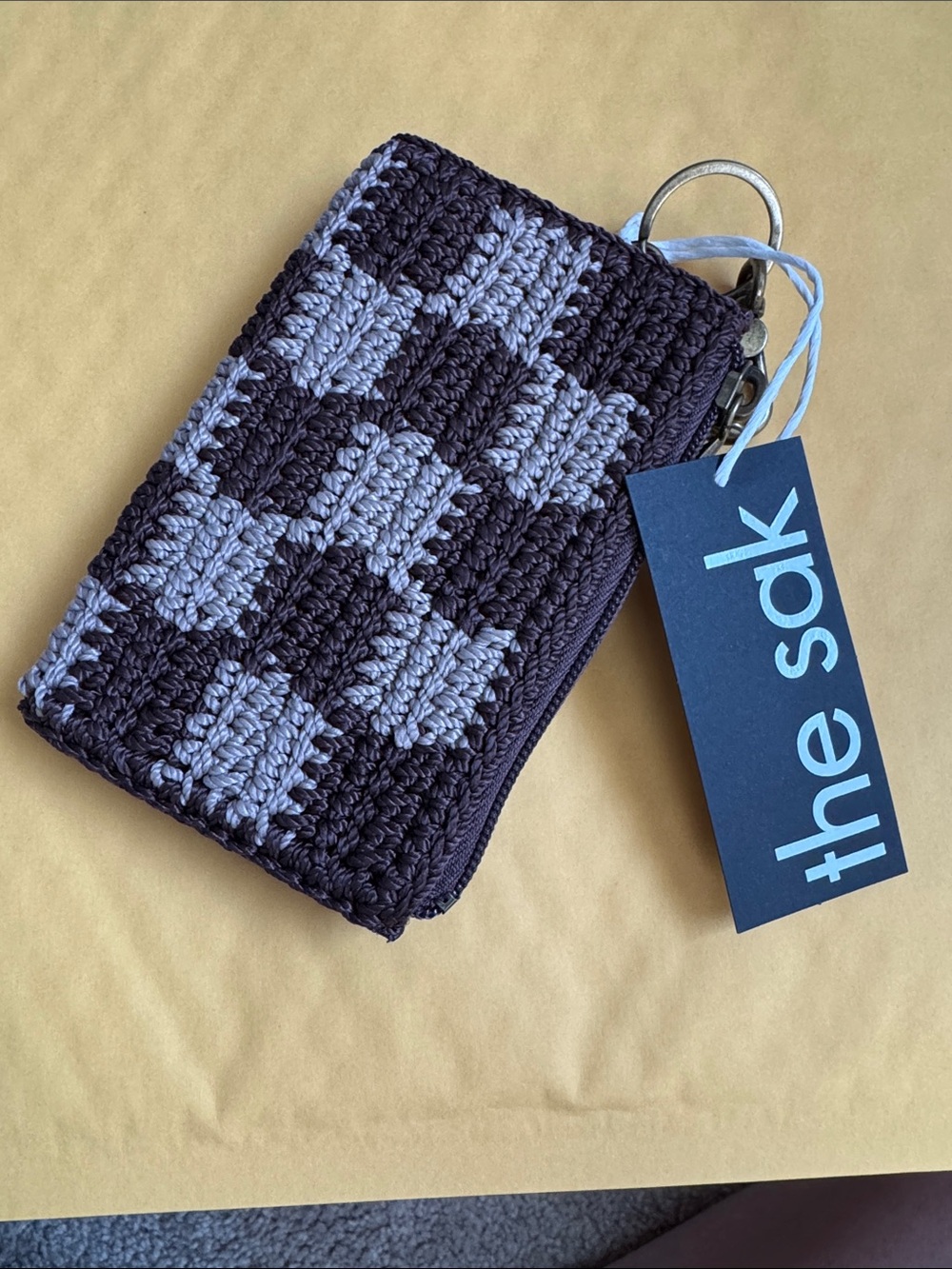 The Sak Crochet Checkerboard Card Wallet - Dark Brown & Light Taupe